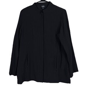 Eileen Fisher Women PL Black Textured Knit Snap Jacket Zip Pockets Viscose Blend